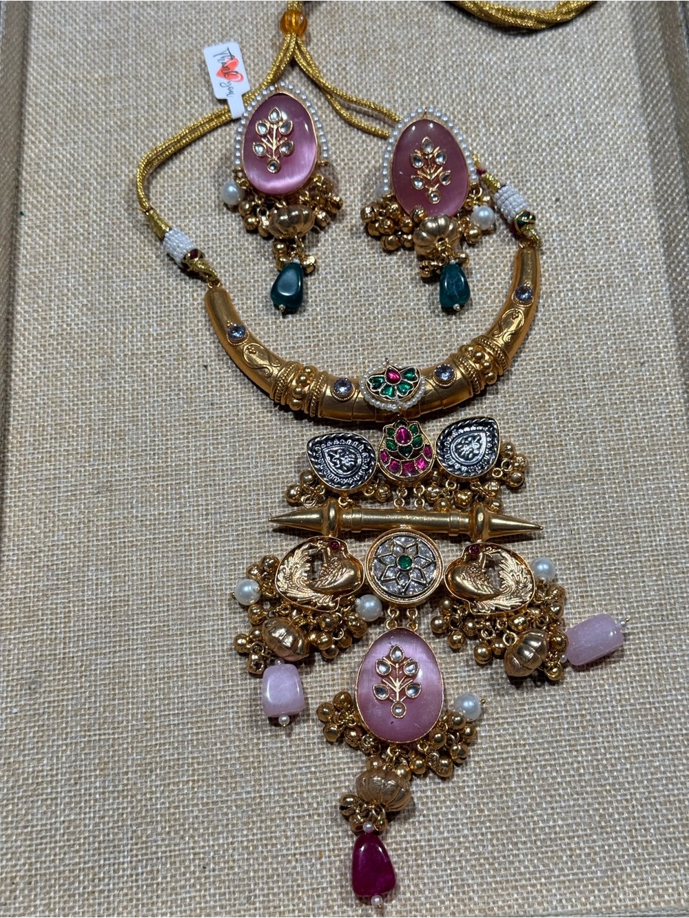 Gold-Tone Necklace and Earring Set with Pink Accents